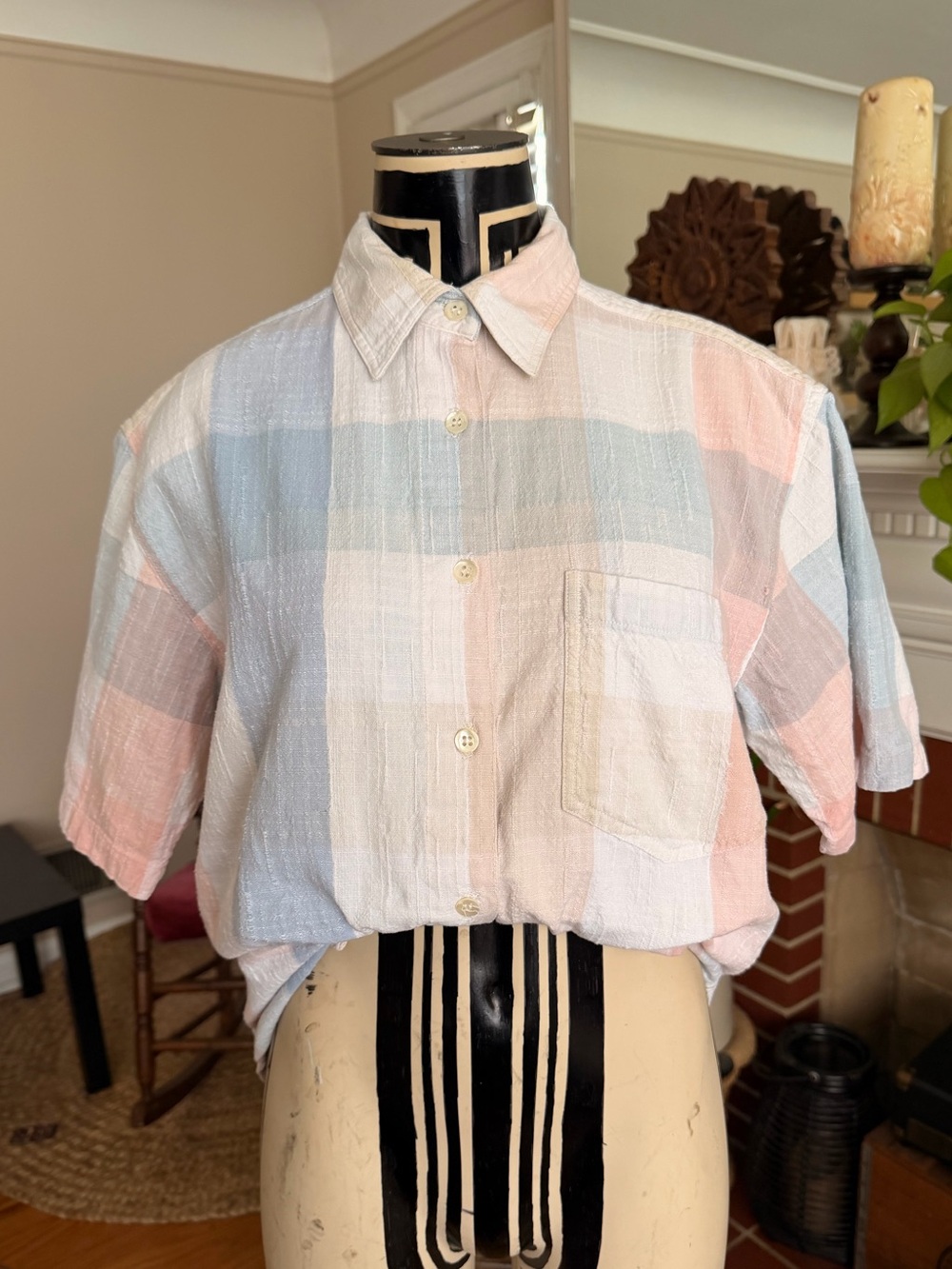 Vintage Women’s Lemon Grass 100% Cotton Pastel Plaid Button-up Shirt